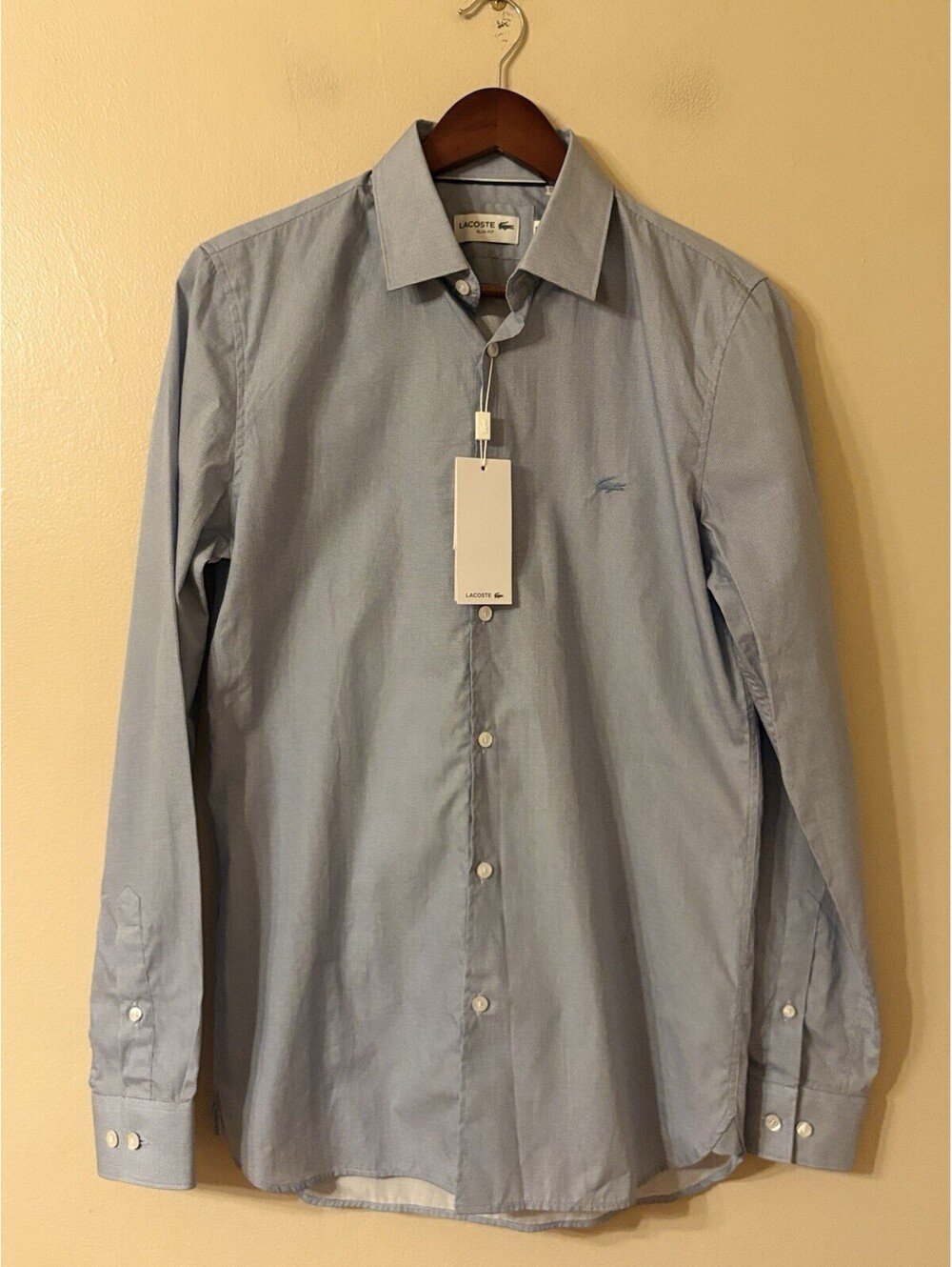 Lacoste Slim Fit Micro Check Cotton Dress Shirt Size FR 38 US 15 Navy NWT $125